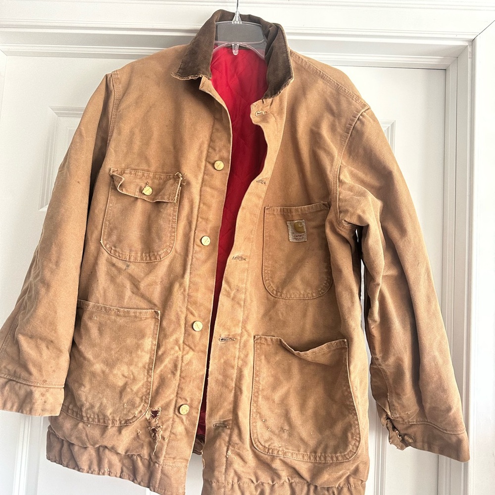 Vintage Carhartt work chore jacket red quilt line corduroy collar distressed